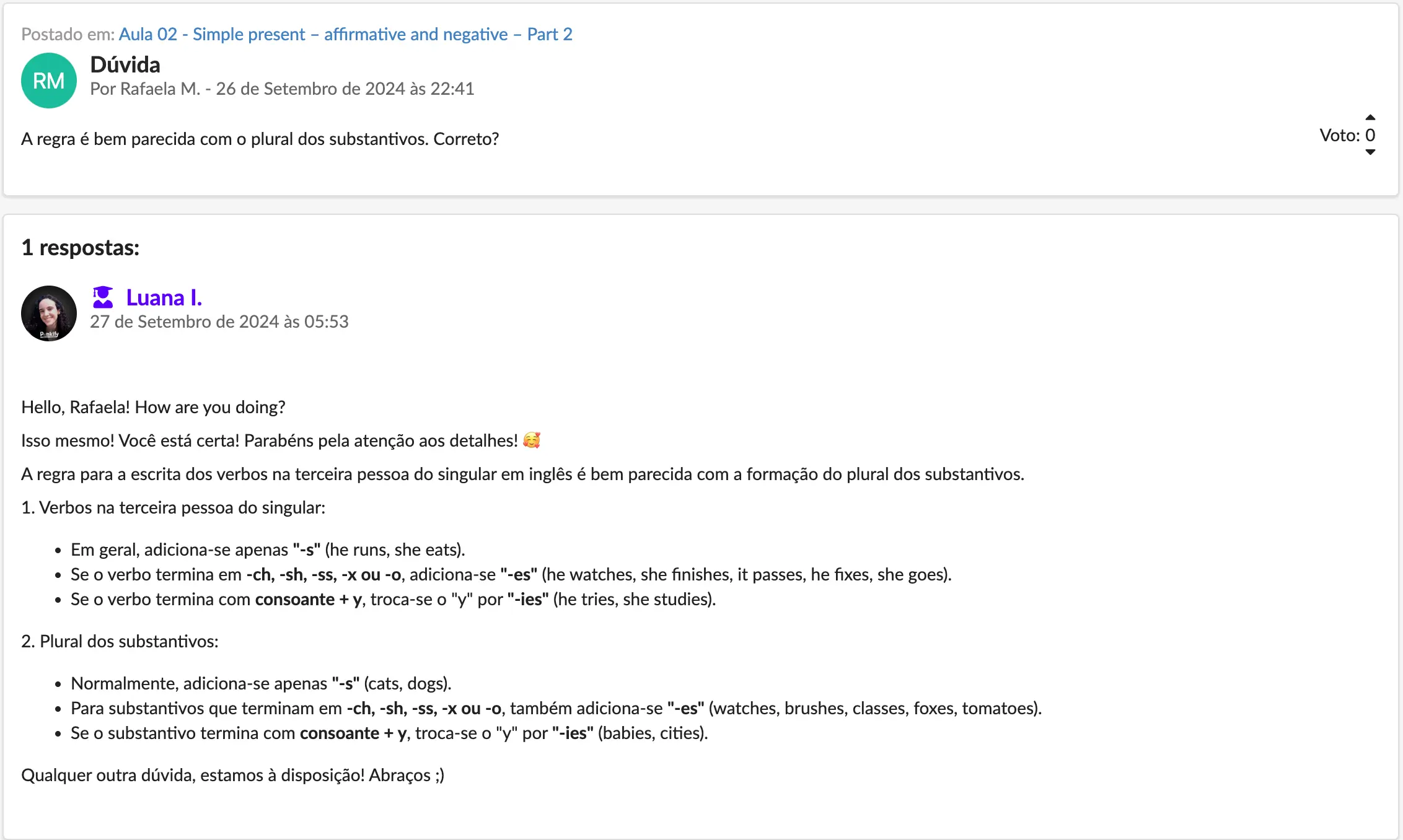 Tela do fórum de dúvidas com a resposta de uma professora