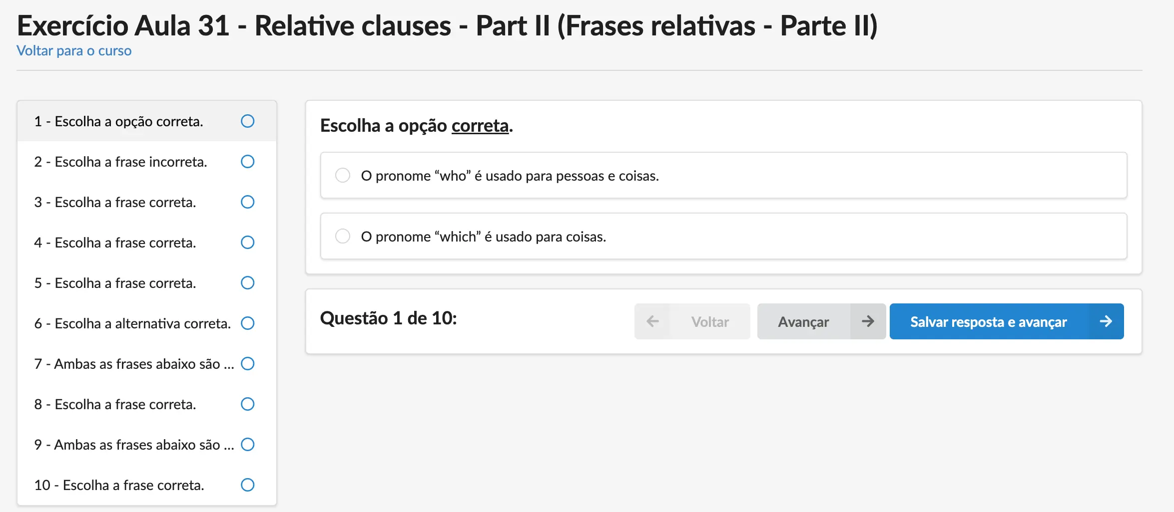 Tela de exercício de múltipla escolha sobre relative clauses
